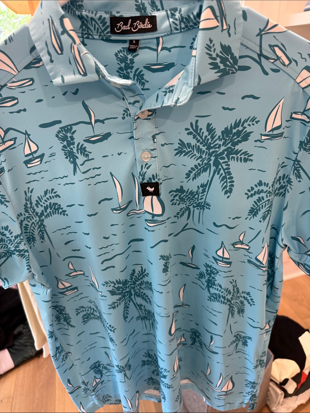 Bad Birdie Light Blue Tropical Sailboat Polo